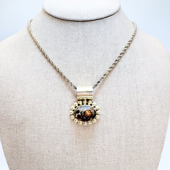 VTG Sterling Silver 925 Leopard Jasper Bezel Set Pendant Necklace 24" Length - Picture 2 of 15